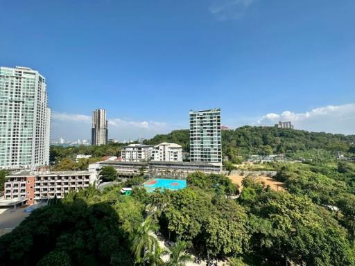 Panoramic view of the urban landscape with high-rise buildings and a pool