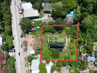 Aerial view of a land plot with lush greenery surrounded by residential streets