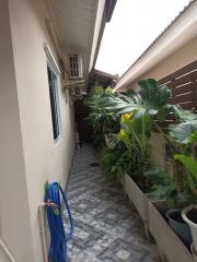 Paved side passage of a home with potted plants and a hose