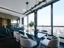 Modern dining area with cityscape view through large windows