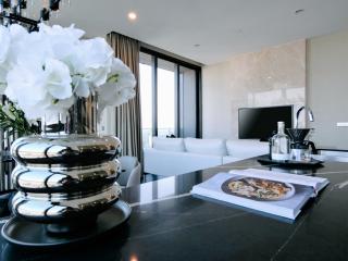 Modern living room with kitchen counter