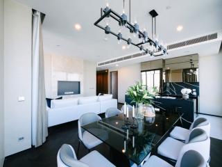 Modern living room interior with a black dining table