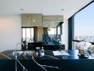 Modern kitchen with marble countertops and city view