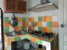 Colorful tiled kitchen with modern appliances