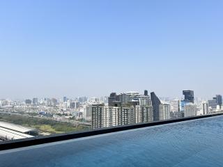 Infinity pool with city skyline view from a high-rise building