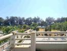 View from a balcony overlooking green trees in a sunny day