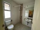 Compact bathroom with a white toilet, pedestal sink, and a shower area