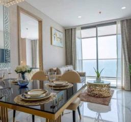 Modern dining room with a view of the sea