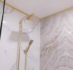 Modern bathroom with marble tiles and gold shower fixtures