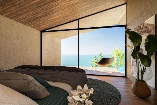 Modern bedroom with panoramic ocean view and natural wood accents