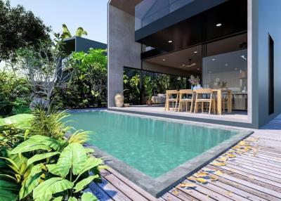 Modern home exterior with pool and outdoor dining area