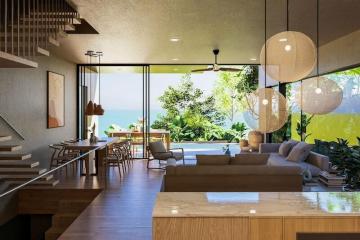 Contemporary open concept living space with ocean view
