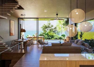 Contemporary open concept living space with ocean view
