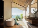Luxurious bathroom with a freestanding bathtub, dual sinks, and a scenic sea view