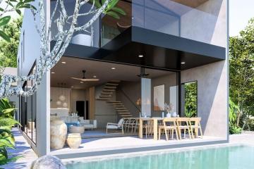 Modern two-story house with exterior dining area and pool