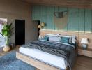 Stylish modern bedroom with wooden accents and artwork