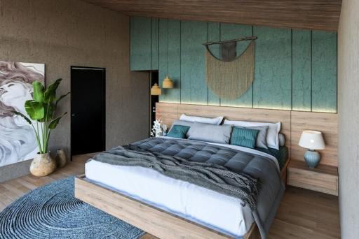 Stylish modern bedroom with wooden accents and artwork