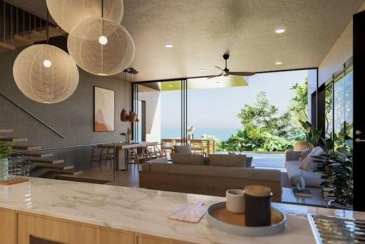 Modern spacious living room with ocean view and open-plan design