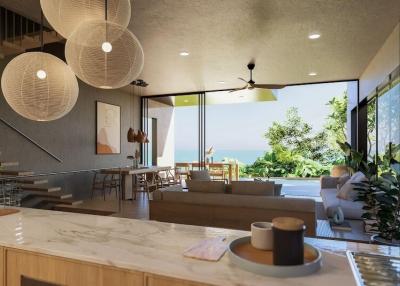Modern spacious living room with ocean view and open-plan design