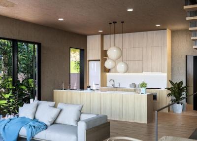 Modern open concept living room with kitchen