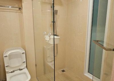 Modern bathroom interior with glass shower and white toilet