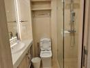 Modern bathroom interior with glass shower and wooden accents