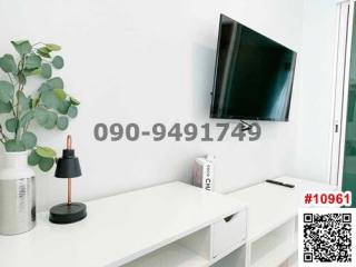 Minimalist living room with wall-mounted television and decorative plant