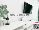 Minimalist living room with wall-mounted television and decorative plant