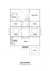 Floor plan of a two-story residential building with labeled rooms and amenities