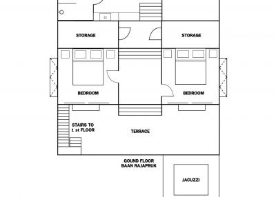 Floor plan of a two-story residential building with labeled rooms and amenities
