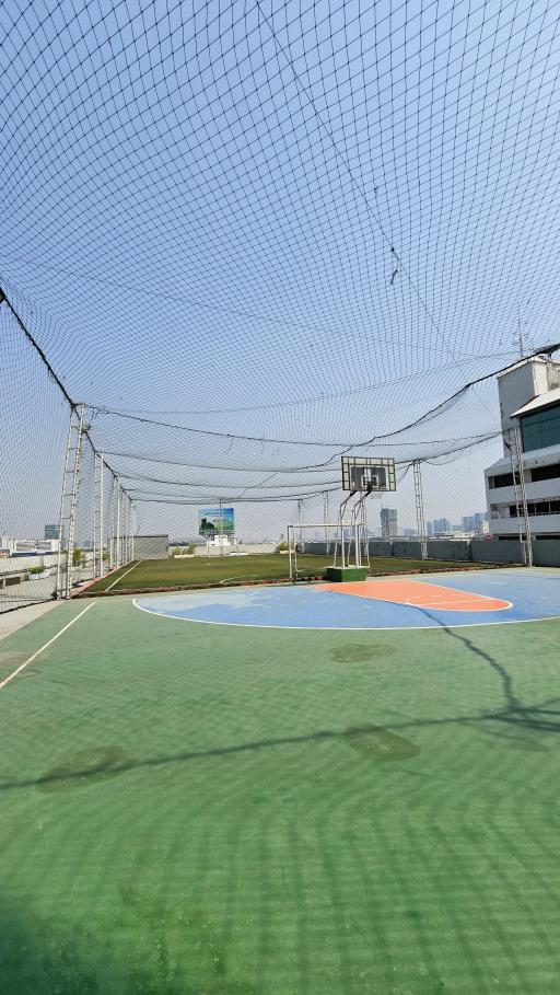 Rooftop basketball court with safety netting and urban skyline