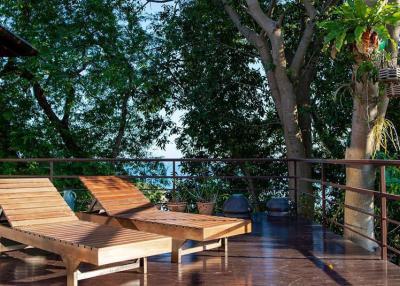 Spacious balcony with wooden deck chairs and a tranquil view of nature