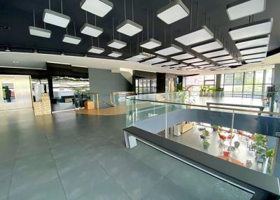 Modern building lobby with artistic ceiling and glass balustrades