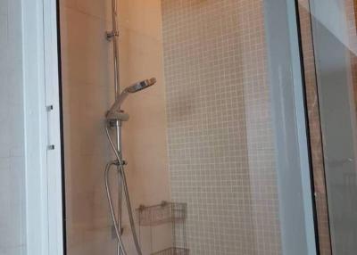 Modern bathroom shower with glass door and mosaic tiles