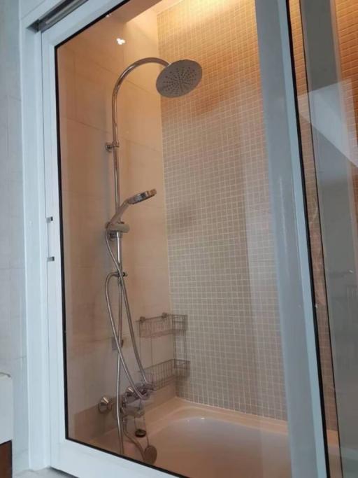 Modern bathroom shower with glass door and mosaic tiles