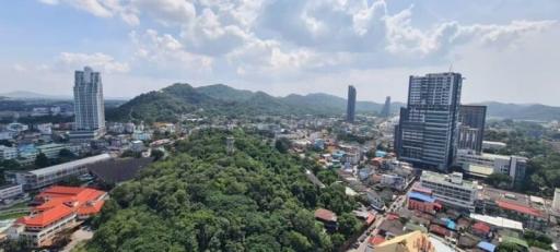 Panoramic cityscape with buildings and green hills under clear skies