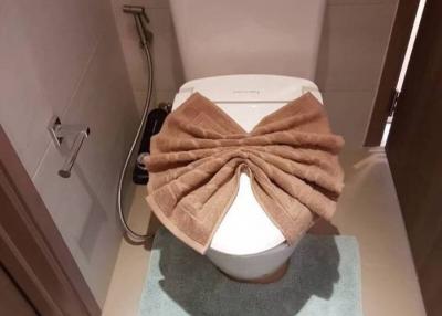 Modern bathroom with decorative towels on toilet