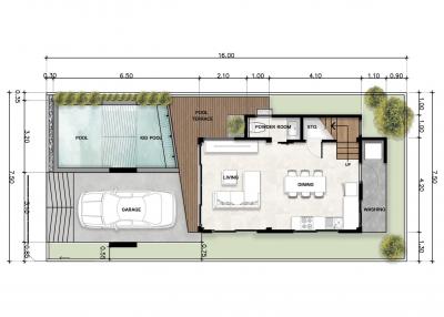 Architectural plan of a residential home with labeled rooms, garage, and pool