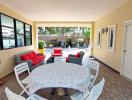 Spacious covered patio with dining area and comfortable seating