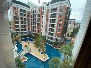 Apartment complex with pool view