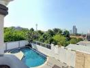 Spacious balcony with a private pool and a city view