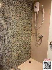 Modern bathroom with mosaic tile walls and electric shower