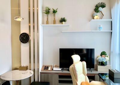 Modern living room with TV and decorative shelves