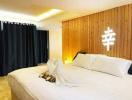 Cozy bedroom with modern wooden wall design and ambient lighting