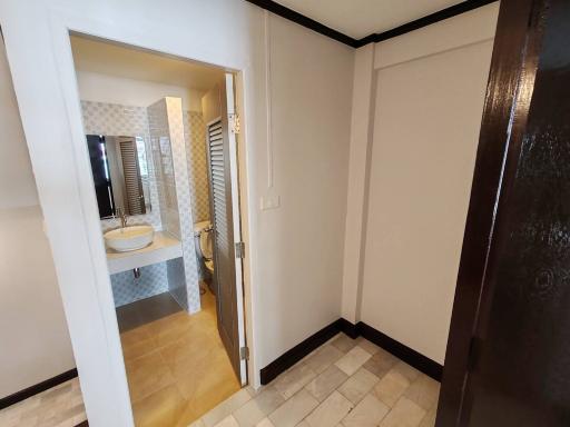 Entrance hallway leading to a modern bathroom with a visible sink and mirror