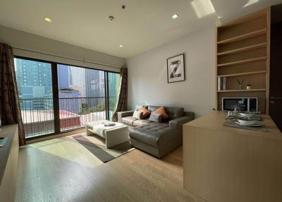 Modern living room interior with large window and city view