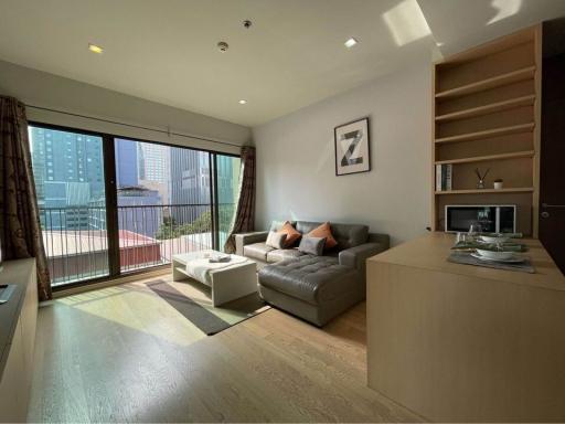 Modern living room interior with large window and city view