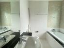 Spacious Modern Bathroom with Double Vanity and Tiled Walls