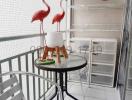 Cozy balcony with decorative items and outdoor furniture