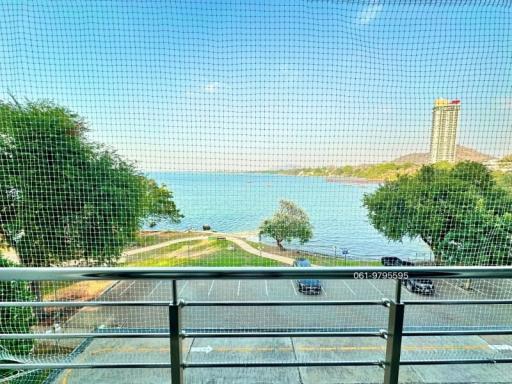 View from the balcony overlooking the lake with safety railing